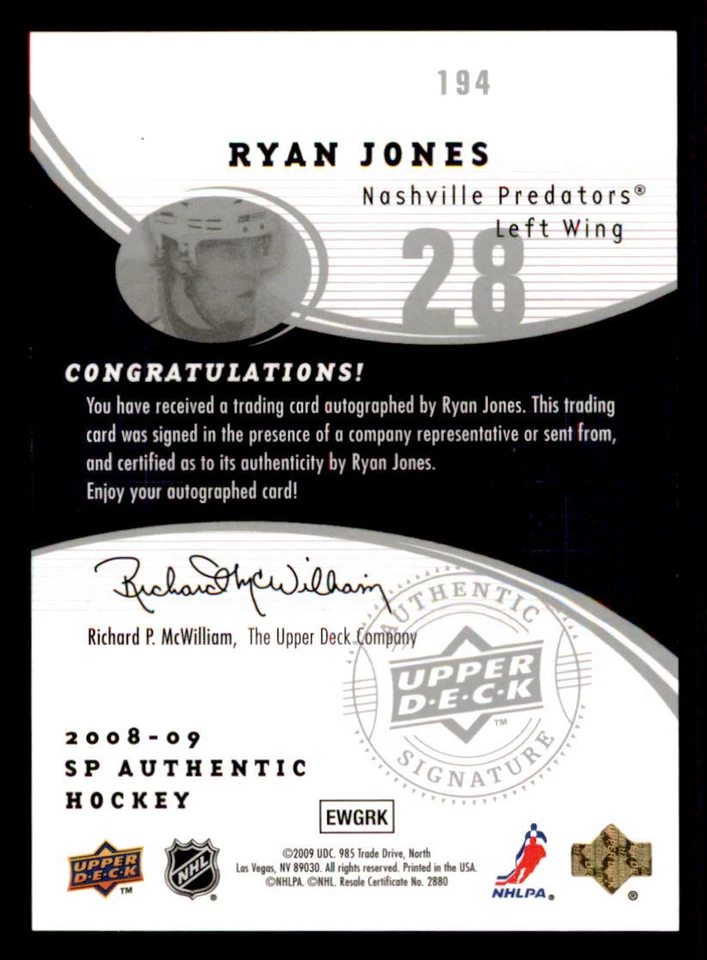 2008-09 SP Authentic #194 Ryan Jones AU RC /999 (ref 239810) - Image 2 of 2