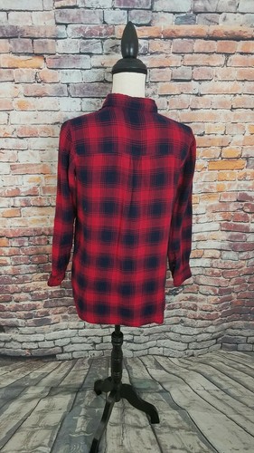 Camisa de algodón Madewell para mujer manga larga roja azul marino a cuadros con botones de franela talla XS - Imagen 4 de 5