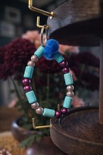 Handmade Beaded Keyring Pom Pom Accent Turquoise Purple Blue Boho Women
