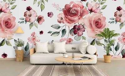 3D Flowers Floral Watercolor Pattern Wall Murals Wallpaper Murals Wall Sticker - Image 1 of 4