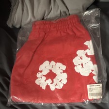 DENIM TEARS Men's Sweat Shorts Red/White Graphic Wreath Terry Cotton Drawstring