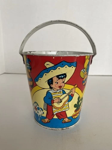 Vintage Ohio Art Tin Litho Sand Pail, Fiesta Time