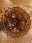 Vintage Amber Carnival Glass Punch Bowl Set Grape Vine Pattern - Cups & Ladle