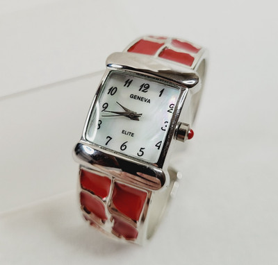 Geneva Elite Red Cuff Bracelet Watch Silver Tone Enamel Mother of Pearl Working