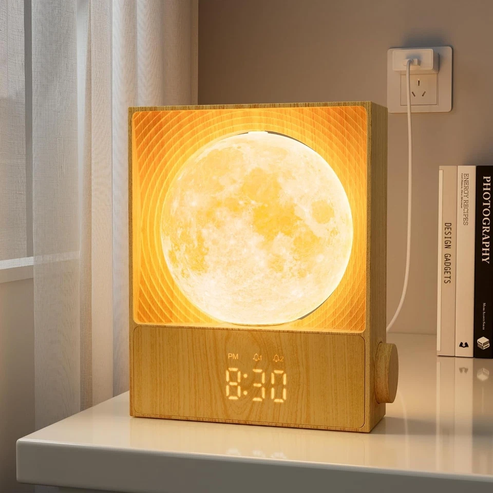 Rotatable Moonlight Sunrise Alarm Clock with Night Lamp, Snooze & Nature Sounds - Image 2 of 4
