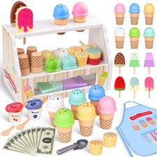 Wooden Ice Cream Toy, Ice Cream Counter Playset for Kids, Toddler Pretend Pla...