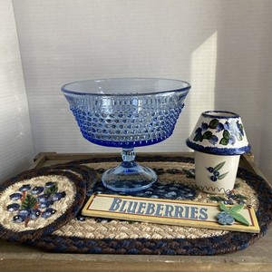 Blueberry Lot ~ Ice blue hobnail footed bowl ~ Placemat, Coasters, Votive, sign