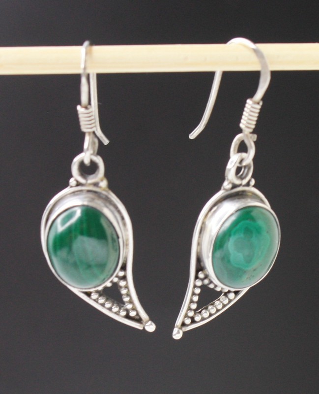 Vintage Artisan Crafted Sterling Silver 925 Malachite Cabochons Dangle Earrings 
