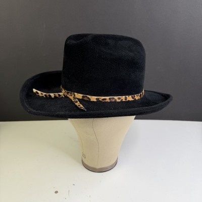 Eric Javits Wool Felt Western Cowboy Hat w/ Leopard Accent Wired Brim Black
