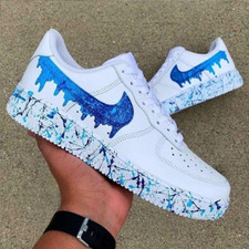 Nike Air Force 1 Custom White Shoes 'Blue Gradient Drip Splatter' Mens Womens
