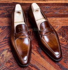 Handmade Men's Leather Loafer slip ons Dress Burnished Patina Brown Shoes-730