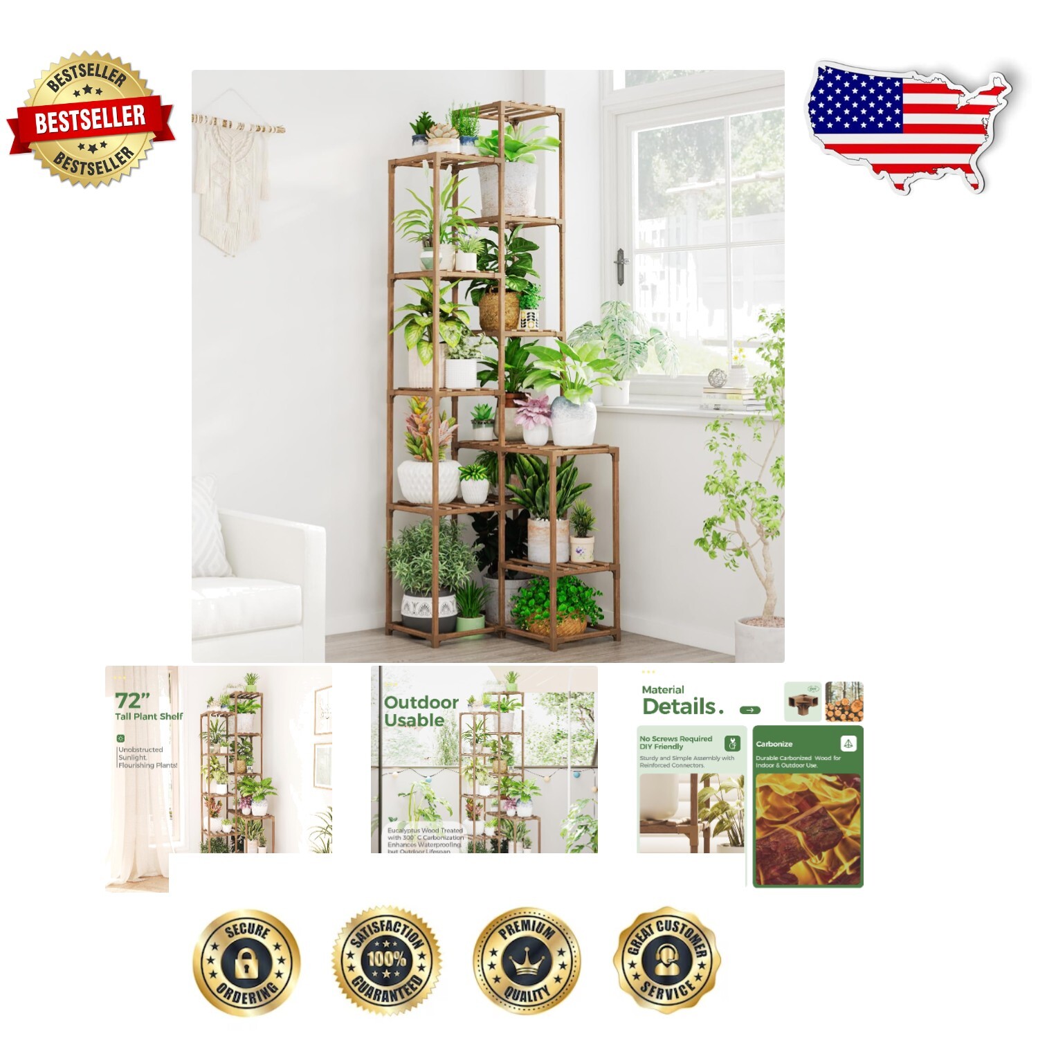 72-Inch Tall Corner Plant Stand - 8 Tiered Shelves for Indoor & Outdoor Use