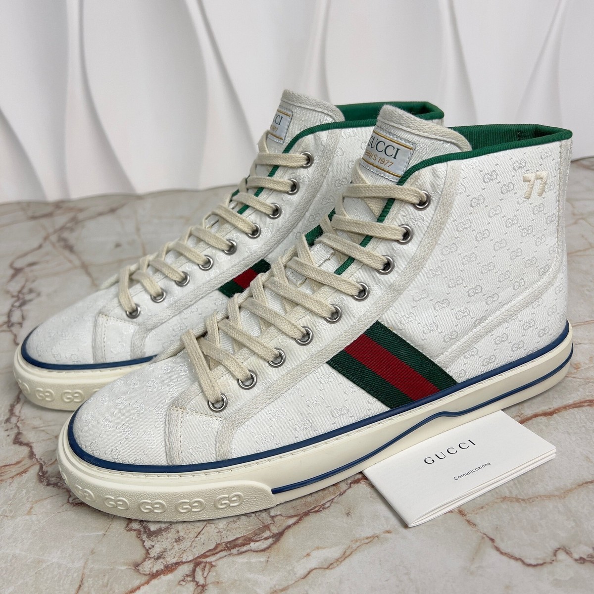 Gucci Tennis 1977 GG Web High Top Sneakers White Fabric 8 G Gucci Tennis 1977 GG Web High Top Sneakers White Fabric 8 G