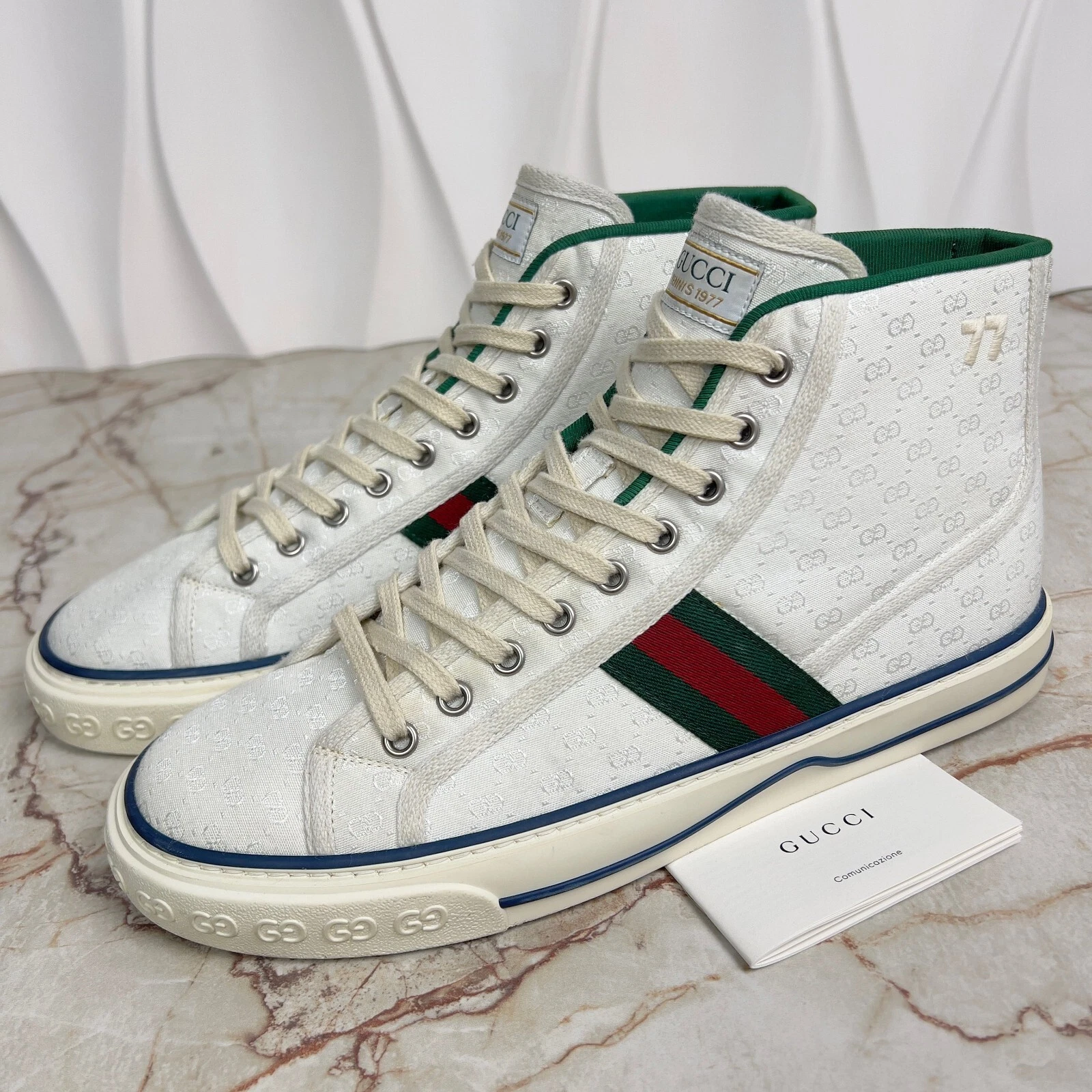 Baskets montantes Gucci Tennis 1977 GG Web tissu blanc 8 G ou 8,5 US ou