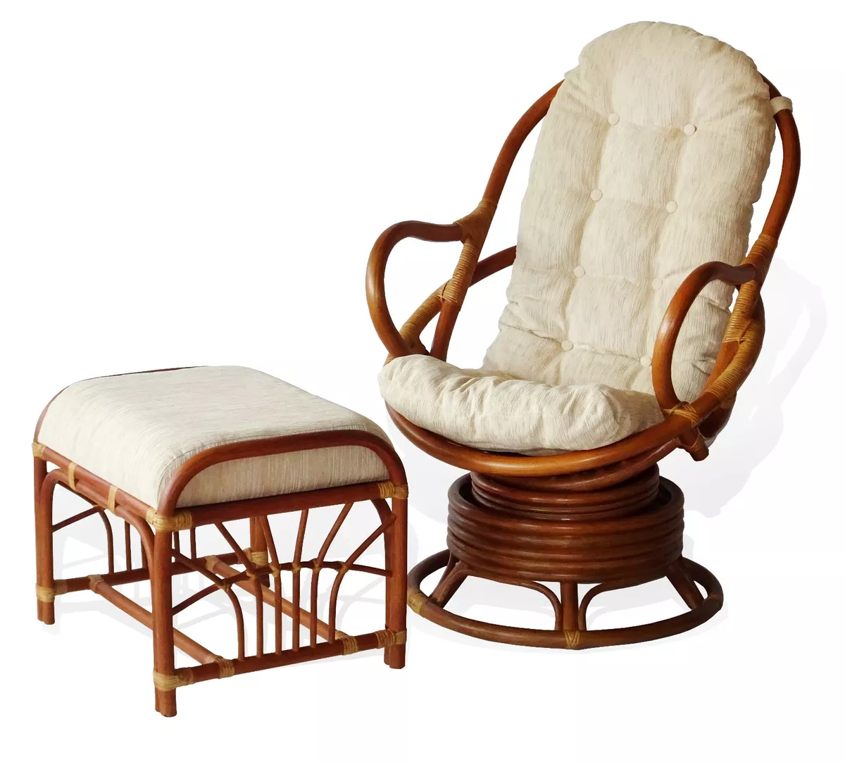 Java Handmade Design Rattan Wicker Chair White Thick Cushion With Ottoman Krit
