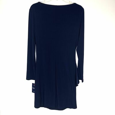chaps long sleeve dress Chaps Long Sleeve Blue Midi Dress Women's Stretch Ruched Hips Waterfall  Neck XL