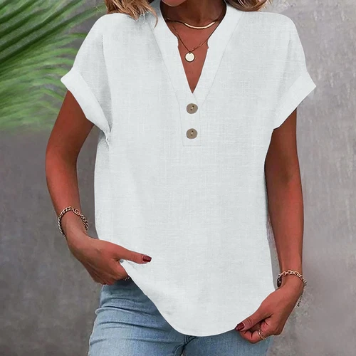 Blusa Top Ligera de Verano para Mujer Cuello en V Manga Corta Algodón Lino - Imagen 10 de 35