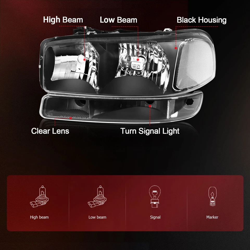 Pair Headlights +Bumper Lamp For 1999-2007 GMC Sierra Yukon 1500 Black Housing - Image 3 of 4