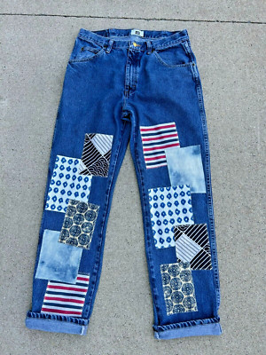 Upcycled Men's Patchwork Stonewashed Blue Jeans Size 34X32 Rework Handmade