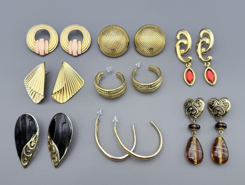 Vintage Statement Post Earrings 80s Metal Gold Tone Glass Dangle Hoops Enamel - Image 1