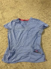 Medical Scrub Shirt Womens Large Blue V Neck Short Sleeve Pockets Nursing