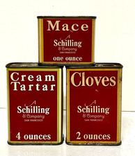 Latas de especias Schilling 3 clavos de colección crema tártaro maza Schilling Co San Francisco