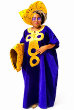 Women's Blue African Kaftan Dress, Cotton Woven, One Size w/ Yellow Headwrap