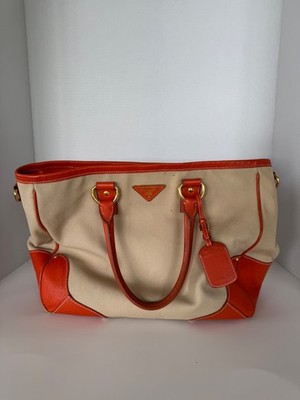 Prada Canvas Tote Bag with Orange Leather Details - Used