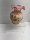 Fenton Burmese Art Glass Diamond Optic Pinched Painted Roses Vase Uranium 4.5”