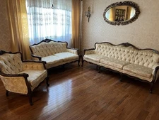 Antique Vintage Sofa 3 Piece Set Ivory Damask Carved Wood Sofa Loveseat Chair