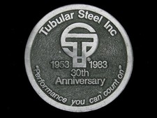 UE01120 VINTAGE 1970s TUBULAR STEEL INC. 30TH ANNIVERSARY ADVERTISEMENT BUCKLE