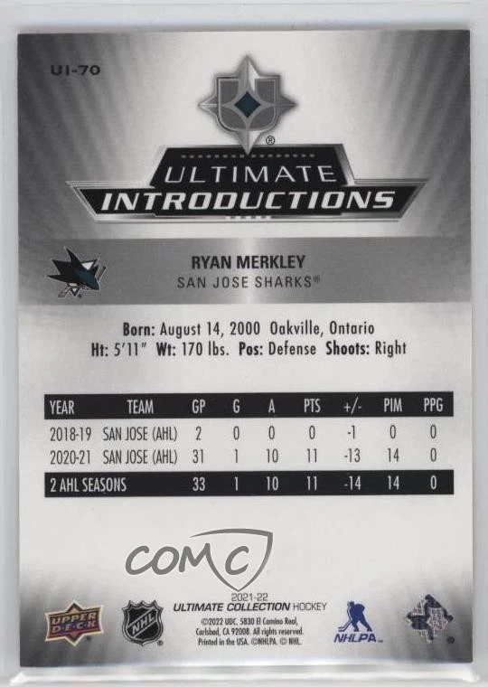 2021 Ultimate Collection Introductions Black /25 Ryan Merkley #UI-70 Rookie RC - Image 2 of 2
