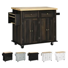 HOMCOM Rolling Kitchen Island Cart with Rubber Wood Top, Spices, and Towel Rack