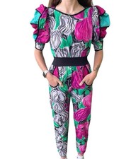 Jeanne Marc Vintage 80 Jumpsuit Women's Sz 4/6 Petite Abstract