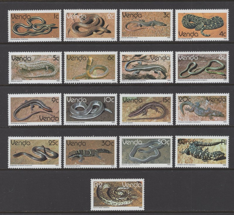 Venda 1986. Reptiles. Scott # 128-137, 139, 142, 144-148. MNH, VF