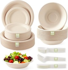 300Pcs Disposable Paper Plates and bowls Set Compostable Sugarcane Utensils Eco