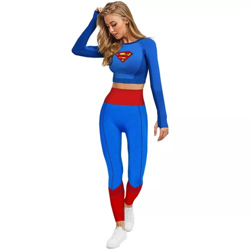 Supergirl Womens Cosplay Active Workout Outfits – Legging and Shirt 2PC Sets