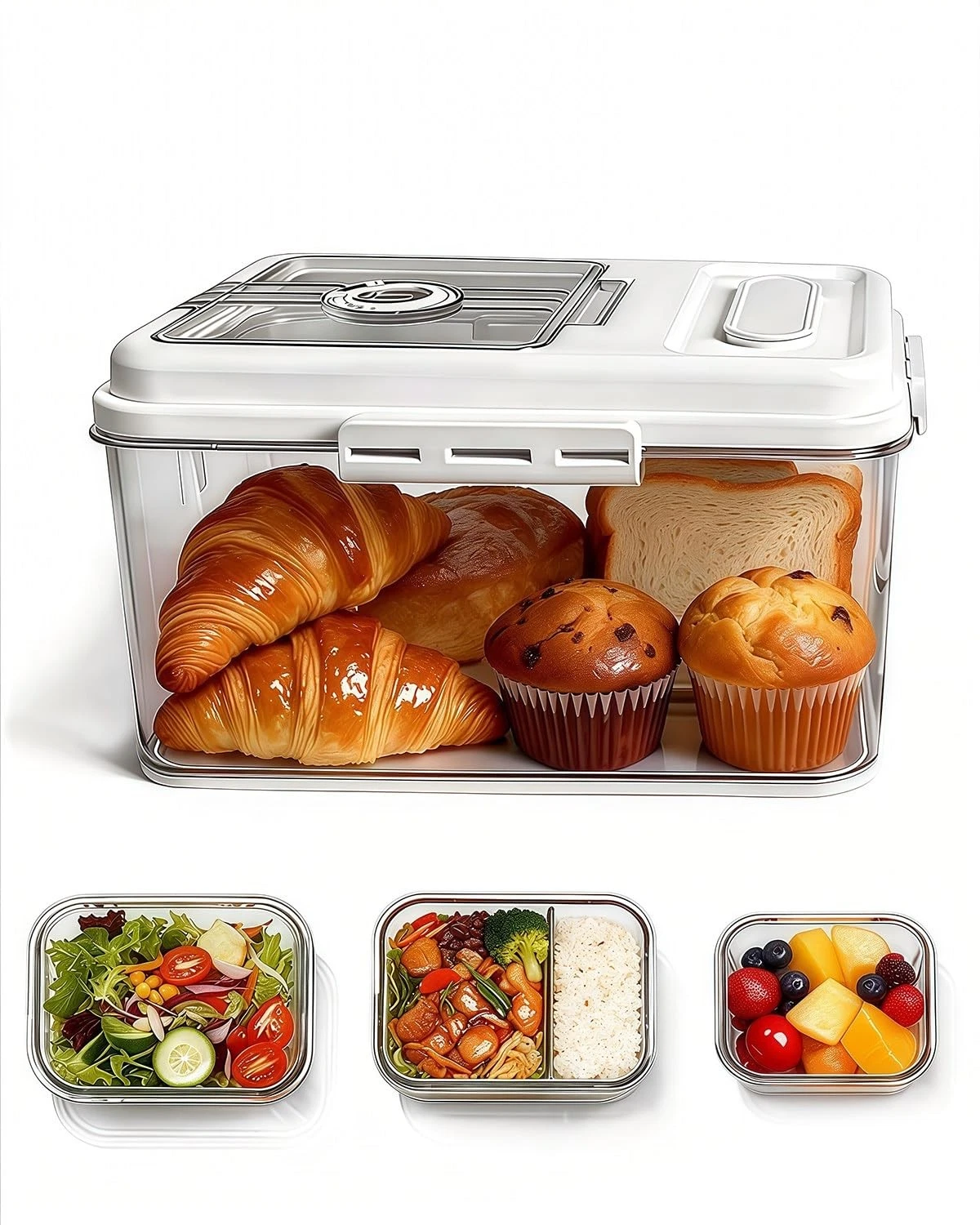 Bread Box for Kitchen Countertop with 3 Glass Food Containers, Time Recording...