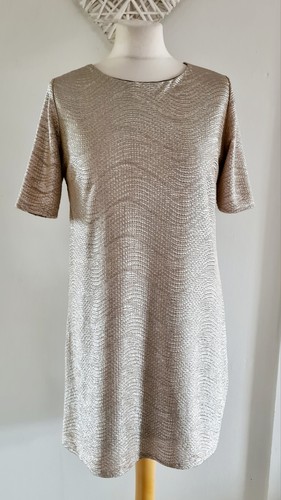 Ladies Womens River Island Metallic Gold Short Sleeve Shift Dress Size 10 VGC