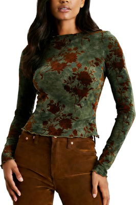 #ad Women#x27;S Velvet Burnout Top Slim Fit Long Sleeve Blouse Mock Neck Party Evening F $22.22