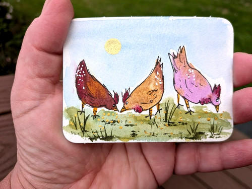 ACEO original chickens. 3 whimsical hens, browns and purple with gold sun.