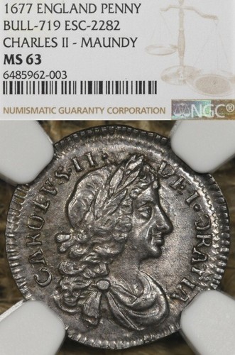 1677 England Penny NGC MS63 Bull-719 ESC-2282 Charles II - Maundy