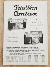 ZEISS IKON CONTAX PRICE LIST 1937 Vintage Fold Out Camera Lens Accessories Eng