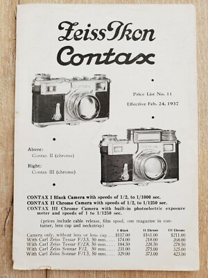 ZEISS IKON CONTAX PRICE LIST 1937 Vintage Fold Out Camera Lens Accessories  Eng