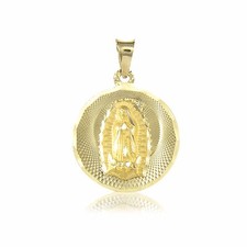 Colgante Medalla Redonda Virgen María Oro Amarillo Sólido 14K - Dije Collar Guadalupe