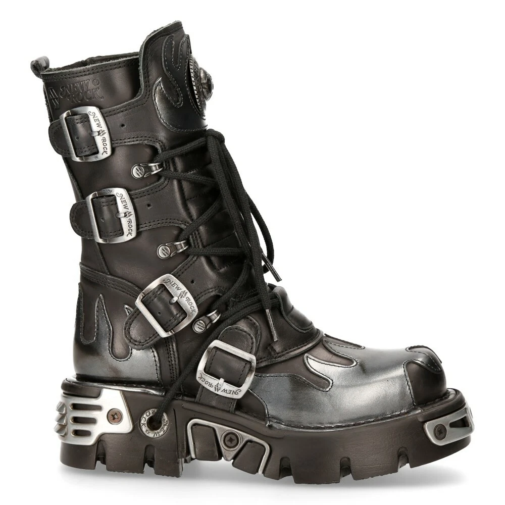 New Rock 591 S2 Boots Silver Flame Boots Metal Black Leather Heavy