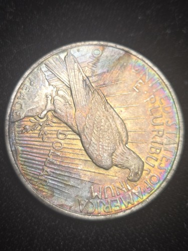 1922-D Peace Dollar Rainbow Toned ☆☆ Original Color ☆☆ Tape Toned Obverse ☆ 113 - Picture 3 of 5