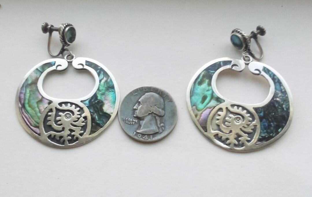 Large Sterling Silver Abalone Ozomatli Aztec Monk… - image 2