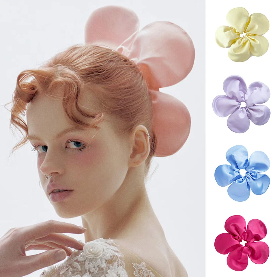 Corbatas con forma flores crujientes satinadas gruesas pelo grande de gran tamaño elástico esponjoso+↗ Foto 3 de 4