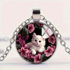 Purple Flower Elegant White Cat Pattern Round Glass Pendant Necklace